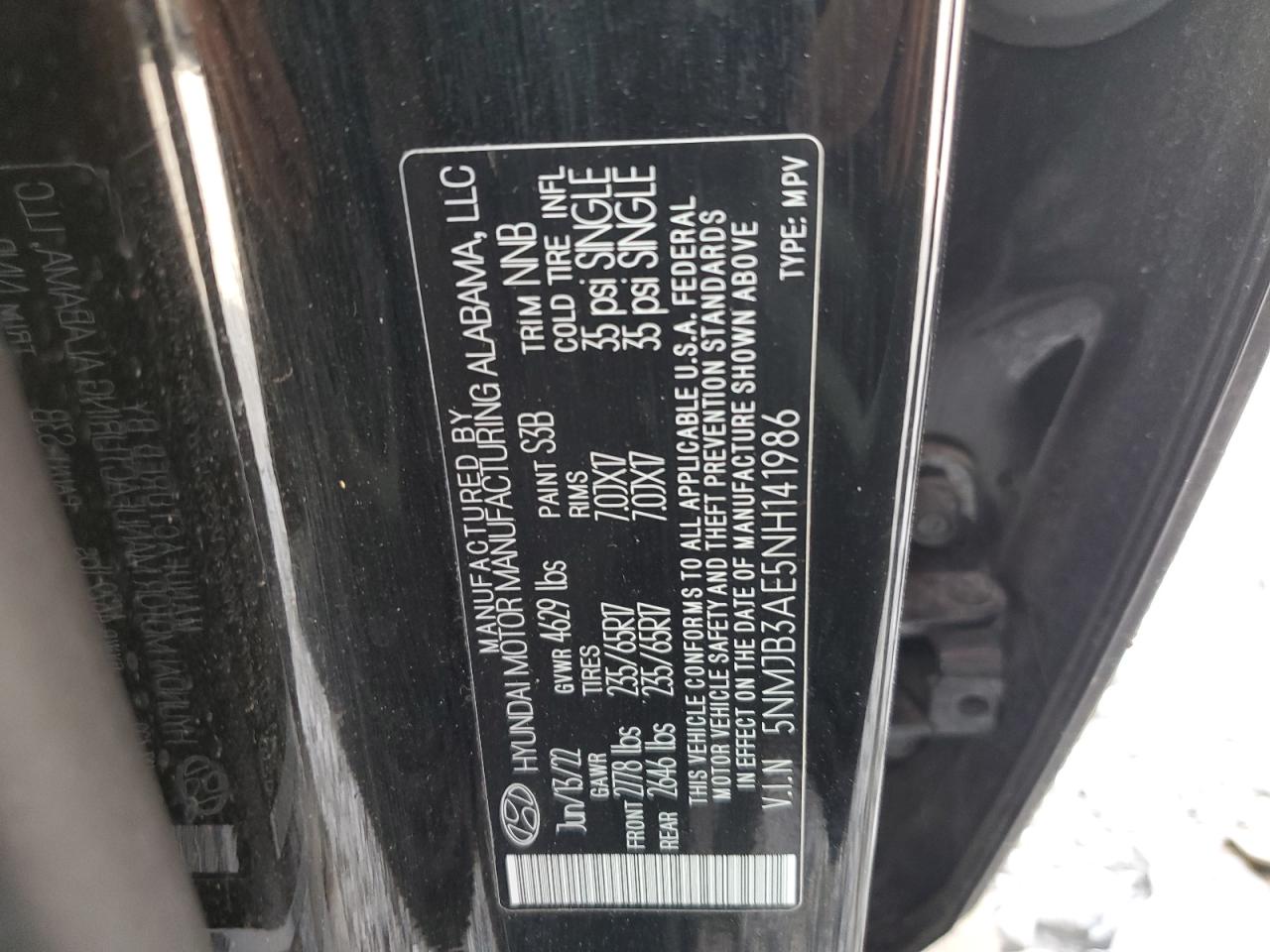 2022 Hyundai Tucson VIN 5NMJB3AE5NH141986 Copart auction photo, front end damage thumbnail 15