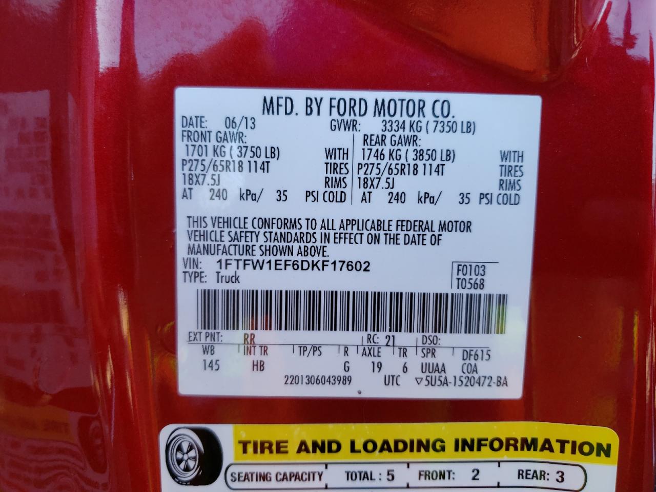 2013 Ford F-150 VIN 1FTFW1EF6DKF17602 Copart auction photo, front end / rear end damage thumbnail 14