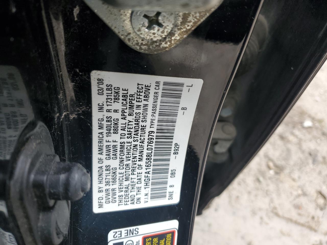 2008 Honda Civic VIN 1HGFA16588L076979 Copart auction photo, front end / minor dent/scratches damage thumbnail 12