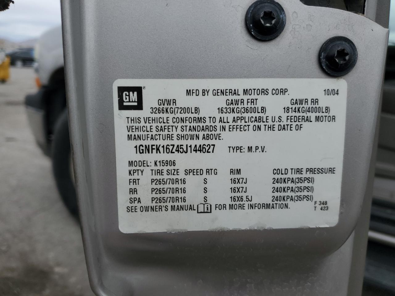 2005 Chevrolet Suburban VIN 1GNFK16Z45J144627 Copart auction photo, rear end damage thumbnail 12
