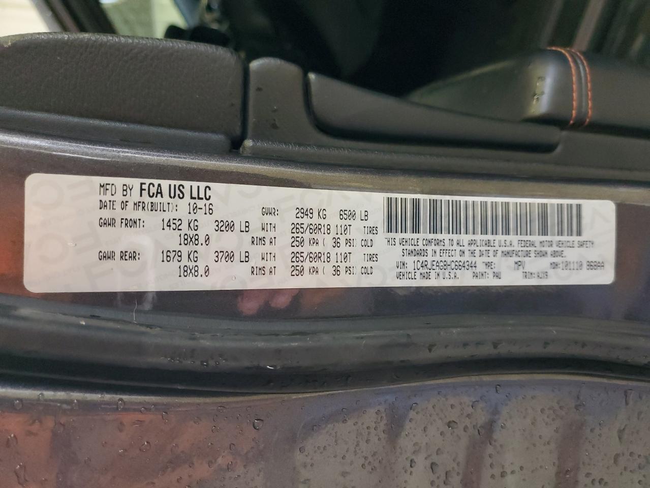 2017 Jeep Grand Cherokee VIN 1C4RJEAG8HC664344 Copart auction photo, front end damage thumbnail 12
