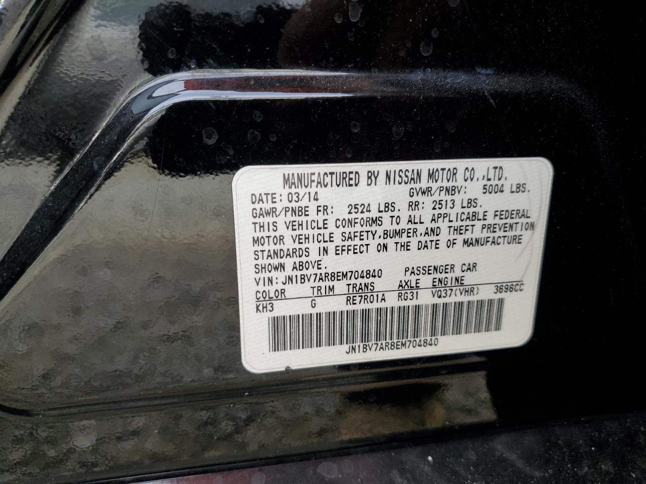 2014 Infiniti Q50 VIN JN1BV7AR8EM704840 Copart auction photo, all over damage thumbnail 13