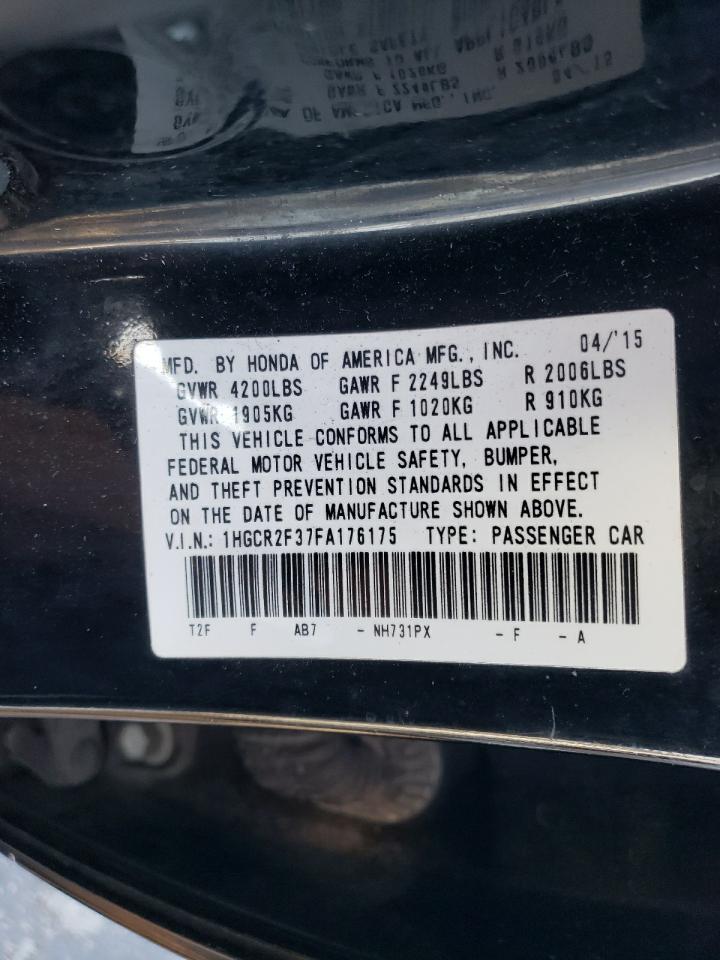 2015 Honda Accord VIN 1HGCR2F37FA176175 Copart auction photo, side / rear end damage thumbnail 12
