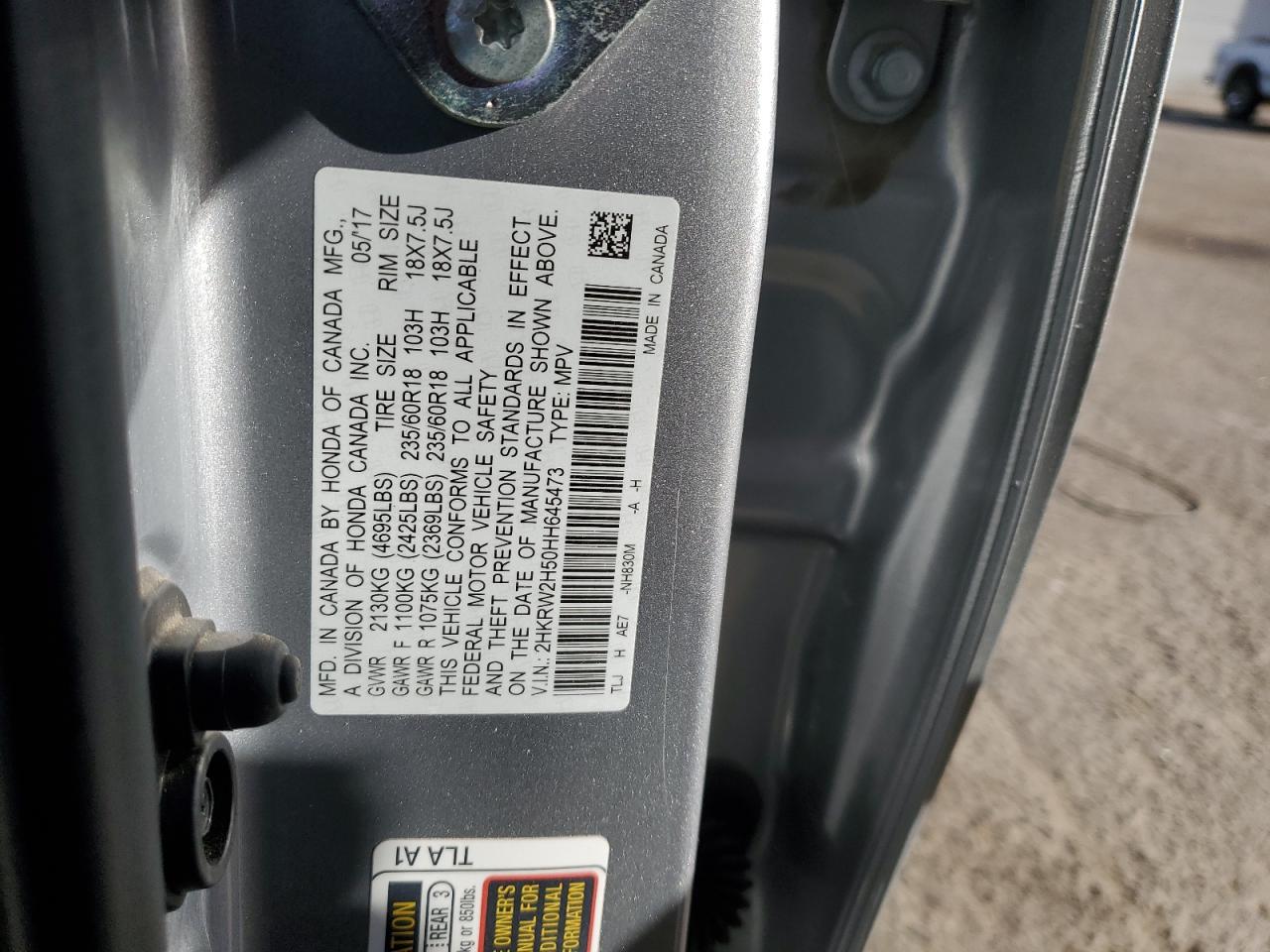 2017 Honda CR-V VIN 2HKRW2H50HH645473 Copart auction photo, side damage thumbnail 15