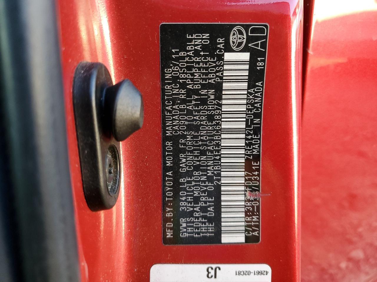 2011 Toyota Corolla VIN 2T1BU4EE3BC638972 Copart auction photo, front end damage thumbnail 13