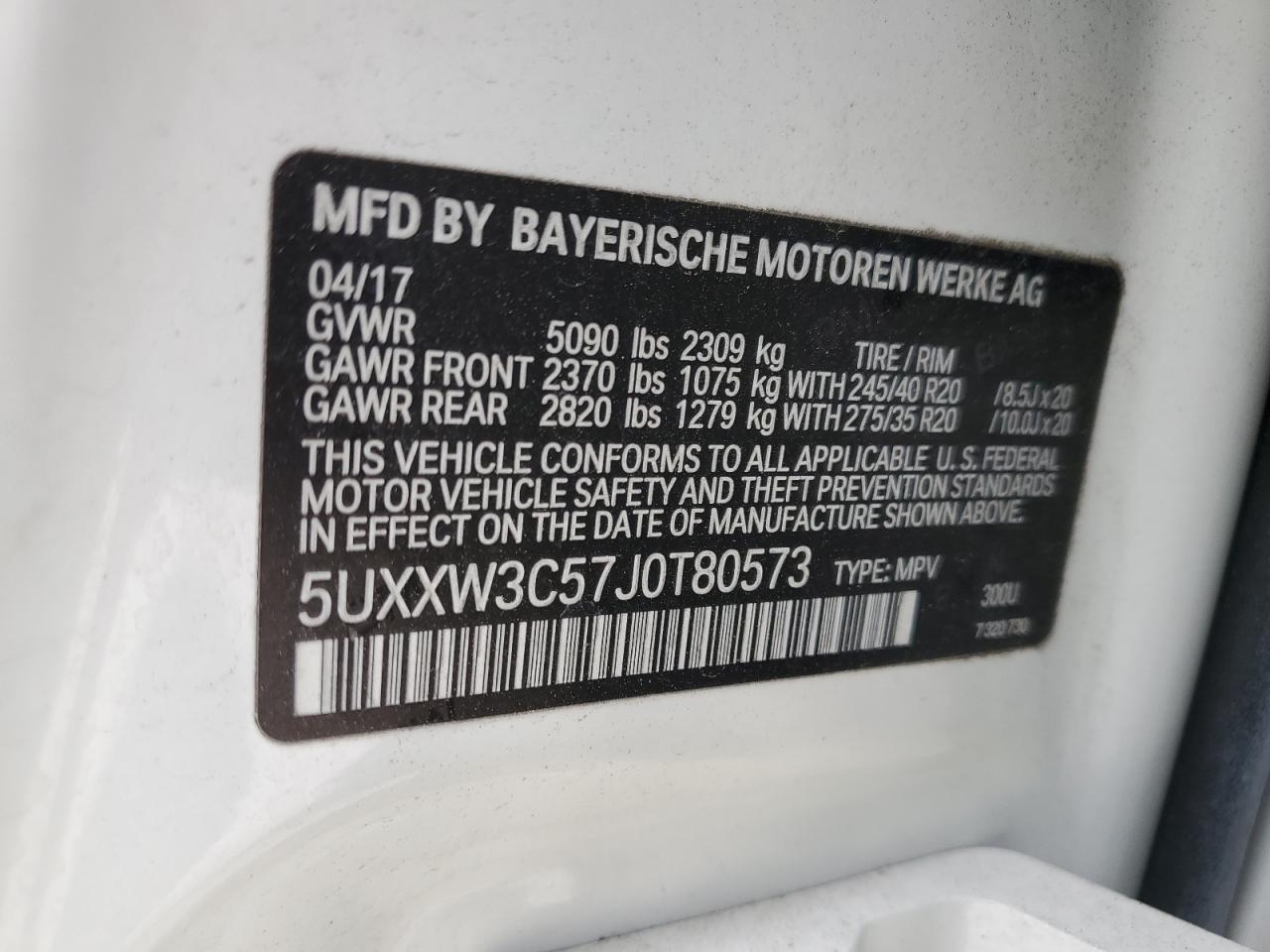 2018 BMW X4 VIN 5UXXW3C57J0T80573 Copart auction photo, front end / minor dent/scratches damage thumbnail 16
