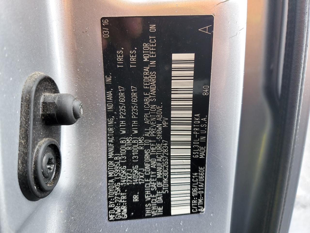 2016 Toyota Sienna VIN 5TDYK3DC2GS728347 Copart auction photo, all over damage thumbnail 13
