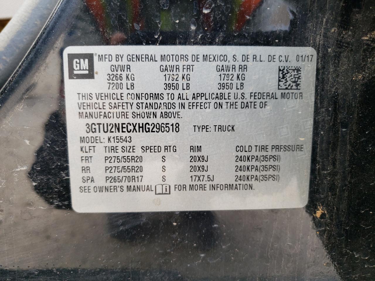 2017 GMC Sierra VIN 3GTU2NECXHG296518 Copart auction photo, all over / minor dent/scratches damage thumbnail 12