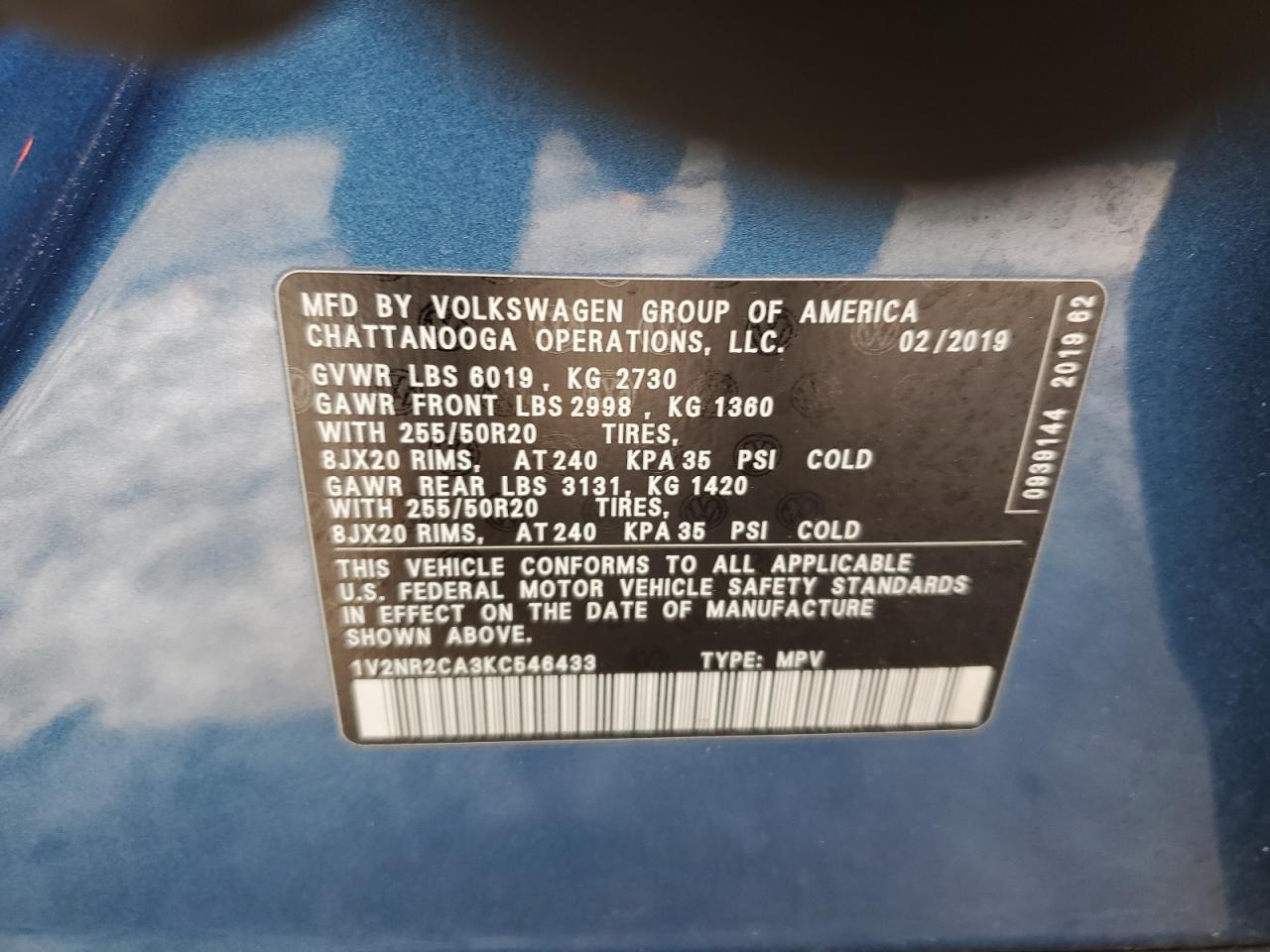 2019 Volkswagen Atlas VIN 1V2NR2CA3KC546433 Copart auction photo, side damage thumbnail 13