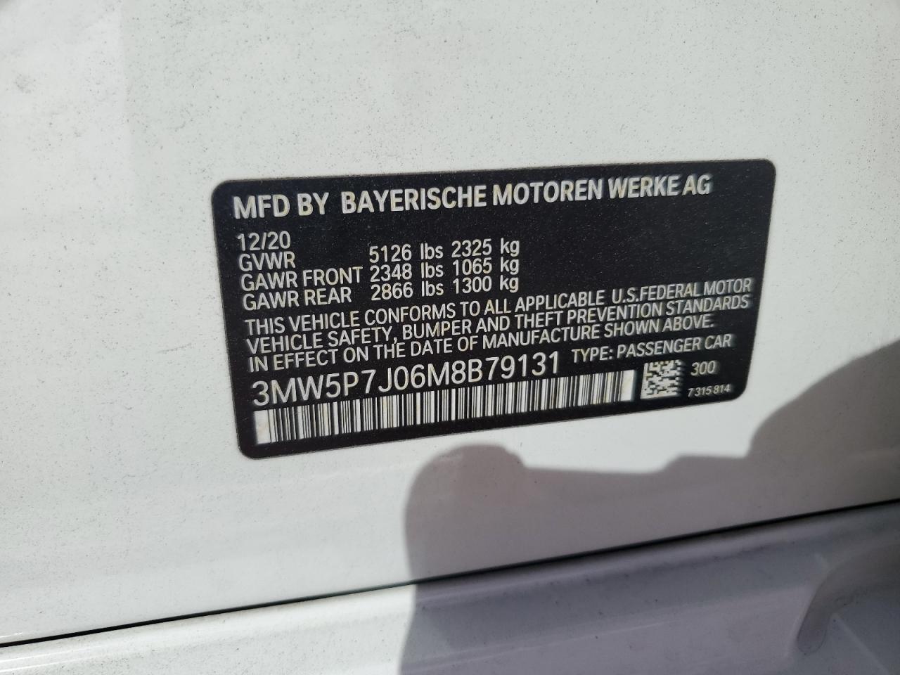 2021 BMW 3er VIN 3MW5P7J06M8B79131 Copart auction photo, front end damage thumbnail 12