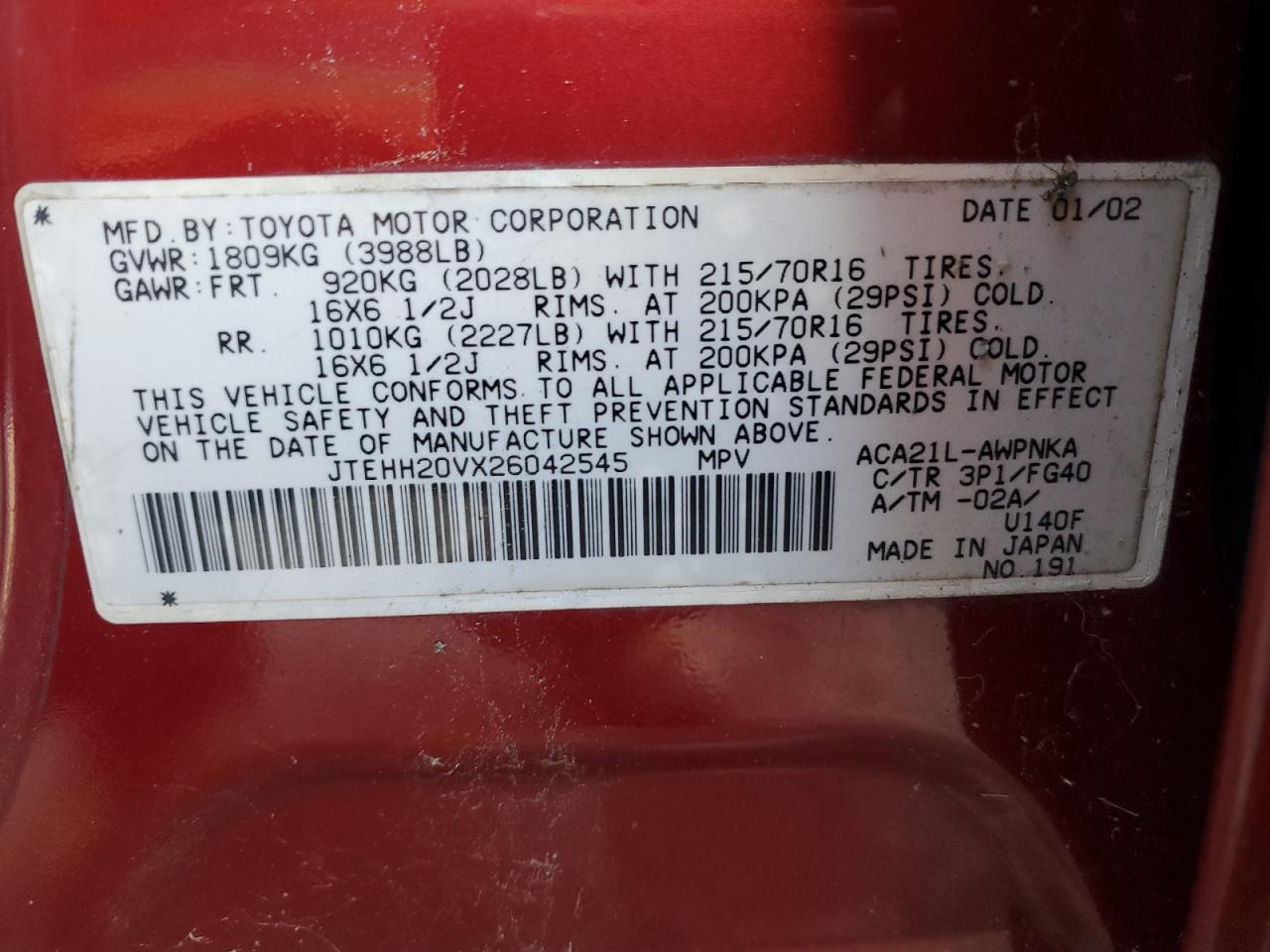 2002 Toyota RAV 4 VIN JTEHH20VX26042545 Copart auction photo, normal wear damage thumbnail 13