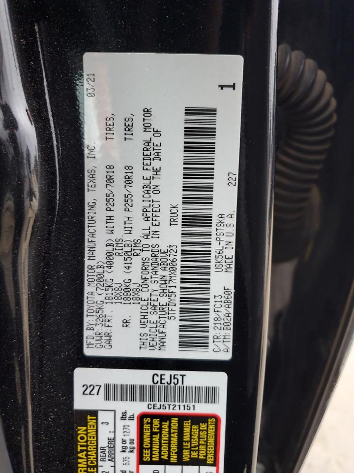 2021 Toyota Tundra VIN 5TFDY5F17MX006723 Copart auction photo, all over damage thumbnail 12