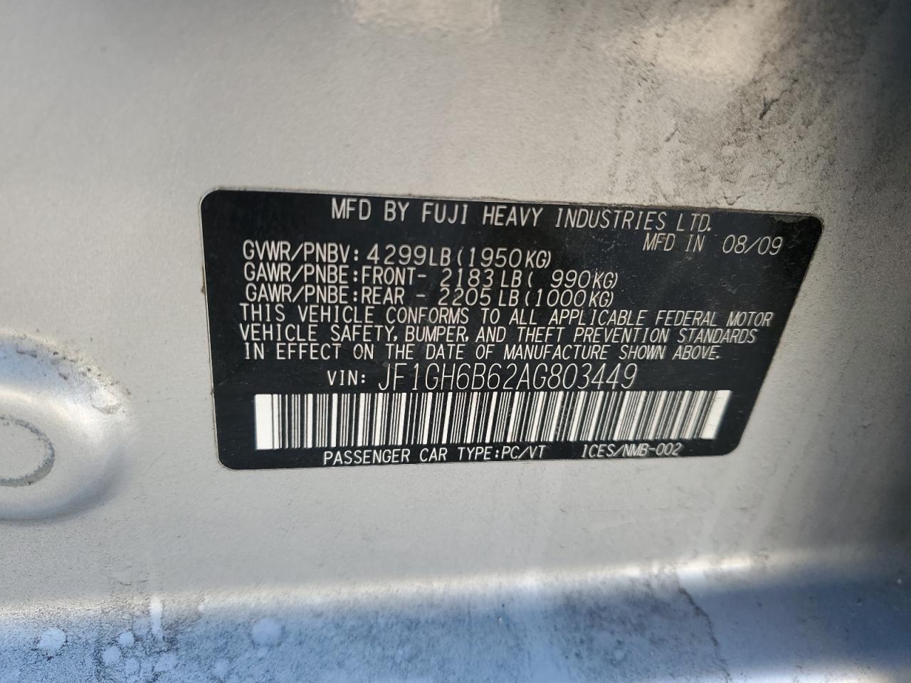 2010 Subaru Impreza VIN JF1GH6B62AG803449 Copart auction photo, all over / top/roof damage thumbnail 12