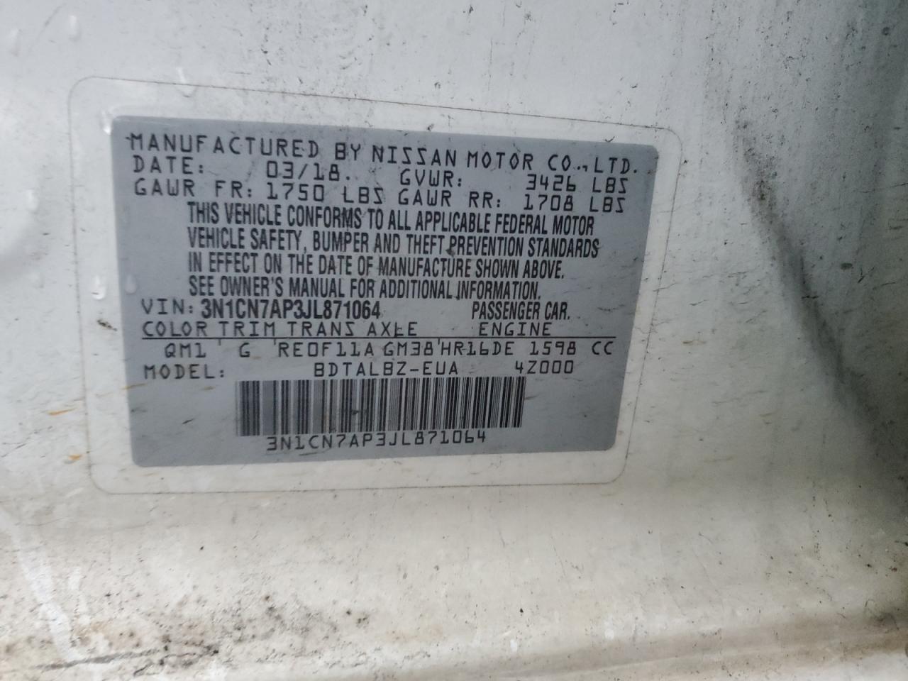 2018 Nissan Versa VIN 3N1CN7AP3JL871064 Copart auction photo, front end damage thumbnail 12