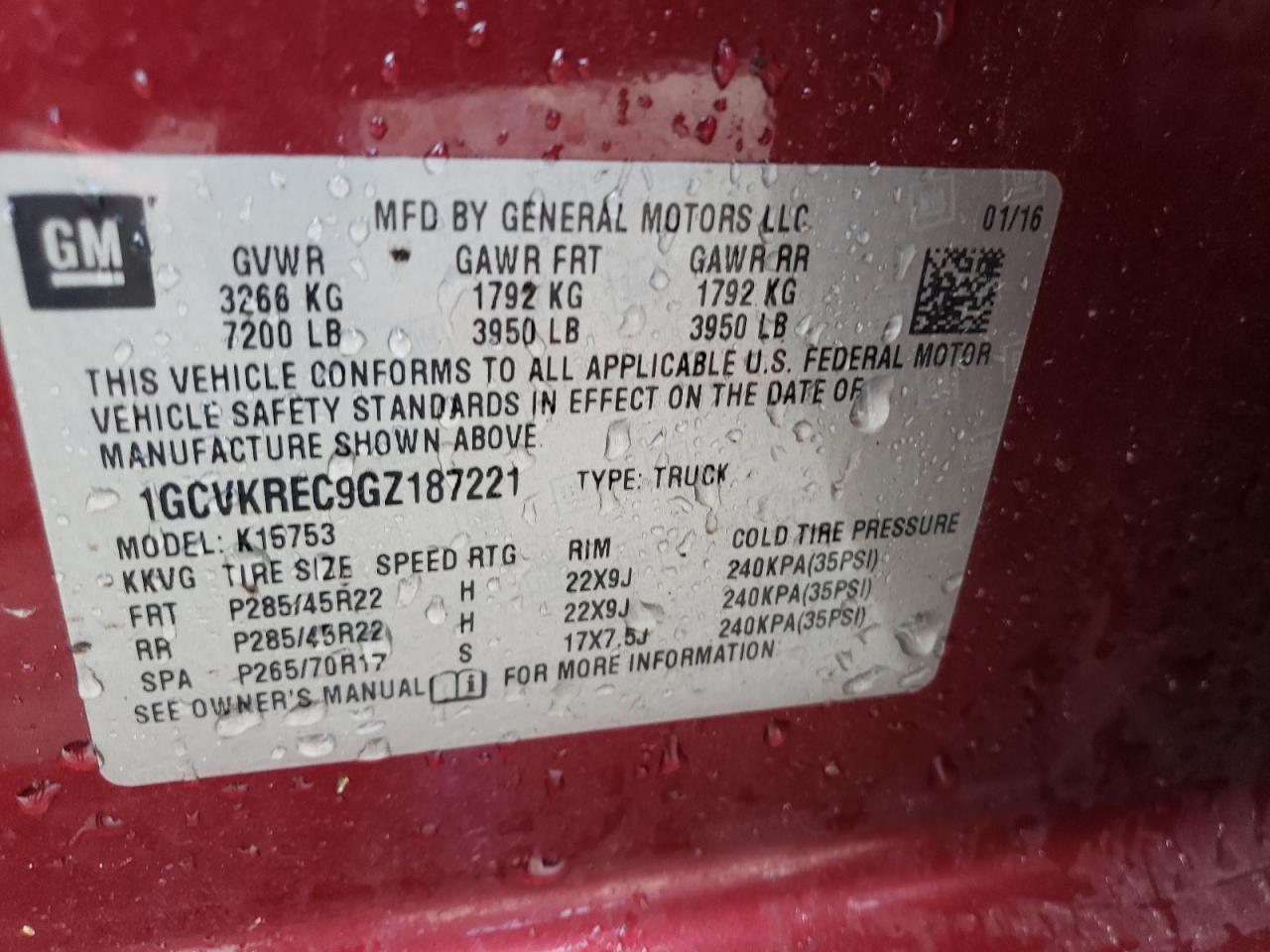 2016 Chevrolet Silverado VIN 1GCVKREC9GZ187221 Copart auction photo, front end / side damage thumbnail 12