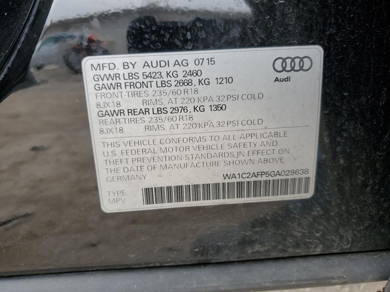 2016 Audi Q5 VIN WA1C2AFP5GA029638 Copart auction photo, front end damage thumbnail 13