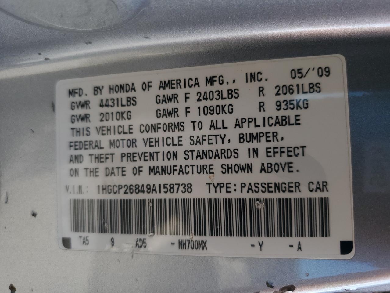 2009 Honda Accord VIN 1HGCP26849A158738 Copart auction photo, front end damage thumbnail 12