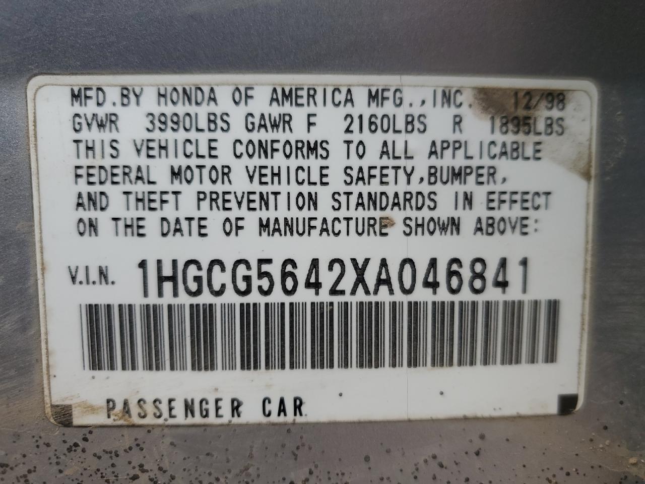 1999 Honda Accord VIN 1HGCG5642XA046841 Copart auction photo, front end / minor dent/scratches damage thumbnail 13