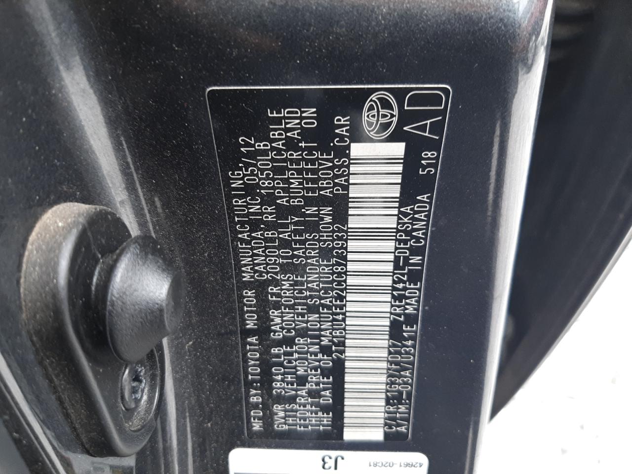 2012 Toyota Corolla VIN 2T1BU4EE2CC873932 Copart auction photo, rear end / front end damage thumbnail 13