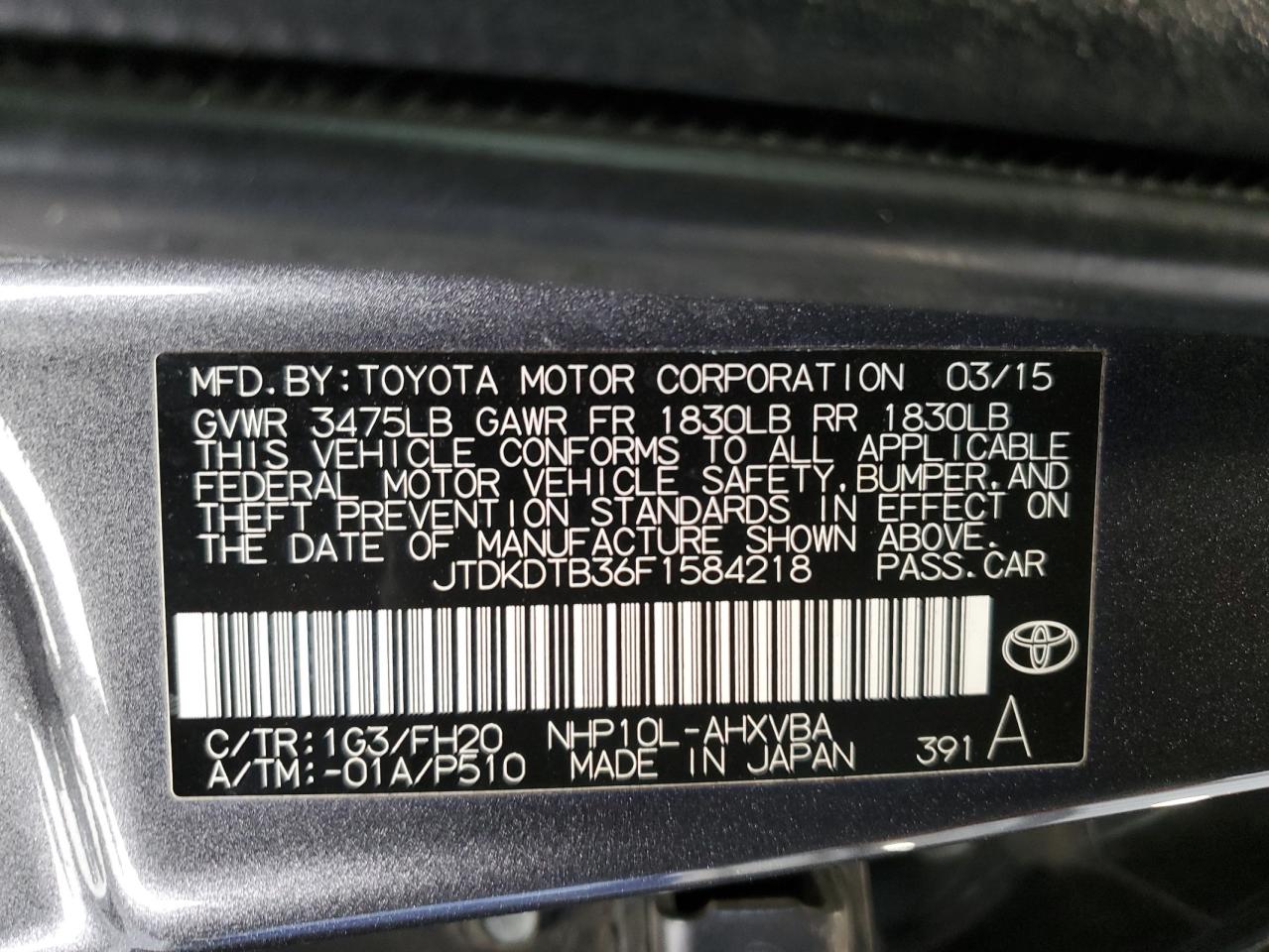 2015 Toyota Prius VIN JTDKDTB36F1584218 Copart auction photo, vandalism / hail damage thumbnail 12