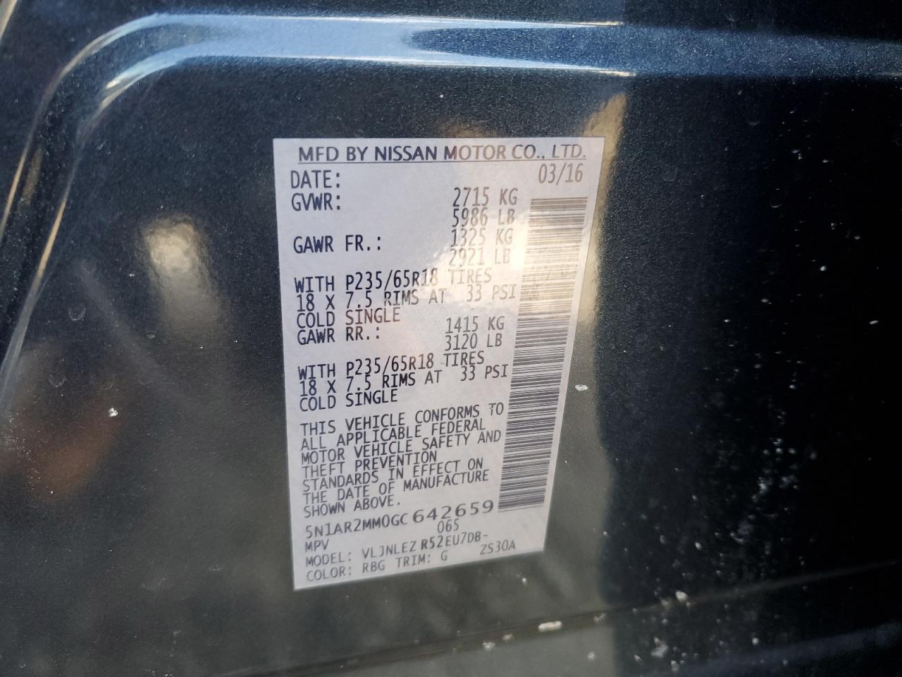 2016 Nissan Pathfinder VIN 5N1AR2MM0GC642659 Copart auction photo, rear end damage thumbnail 13