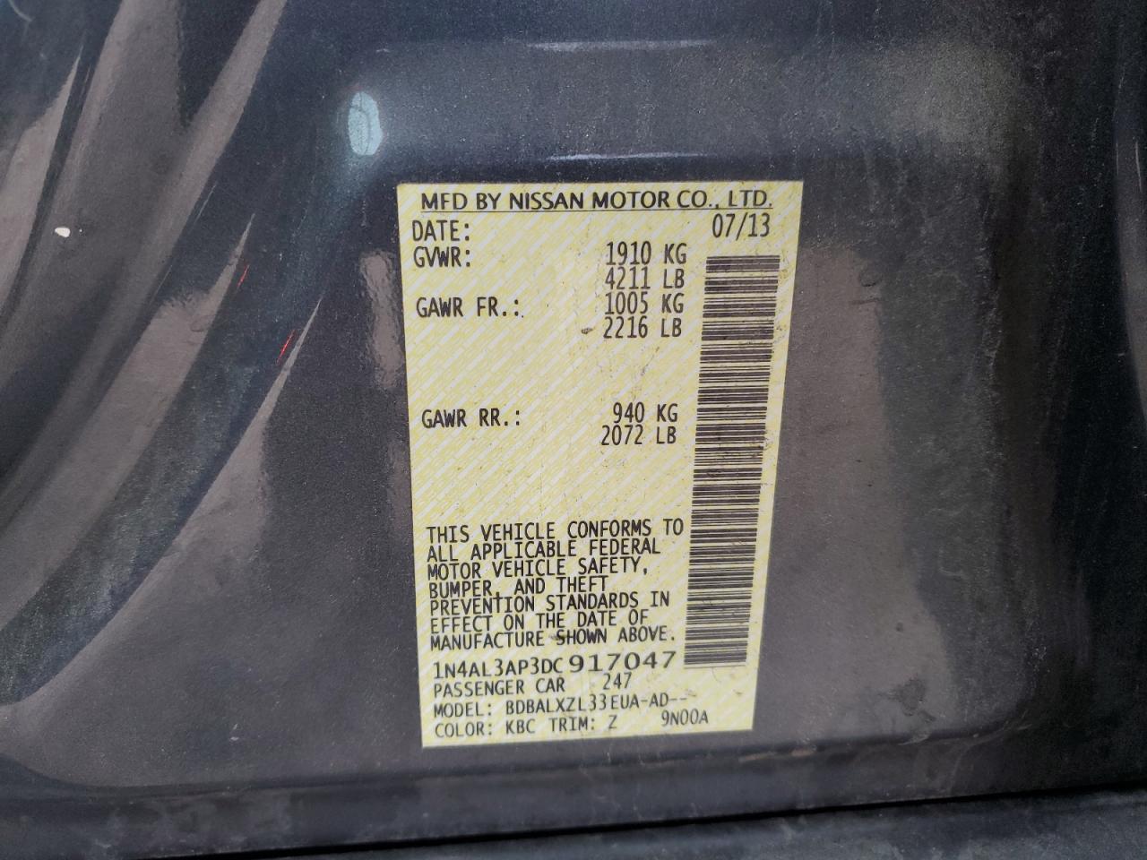 2013 Nissan Altima VIN 1N4AL3AP3DC917047 Copart auction photo, side damage thumbnail 14