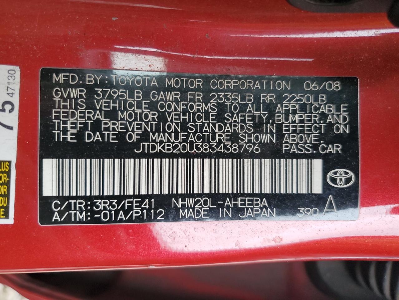 2008 Toyota Prius VIN JTDKB20U383438796 Copart auction photo, side / rear end damage thumbnail 16