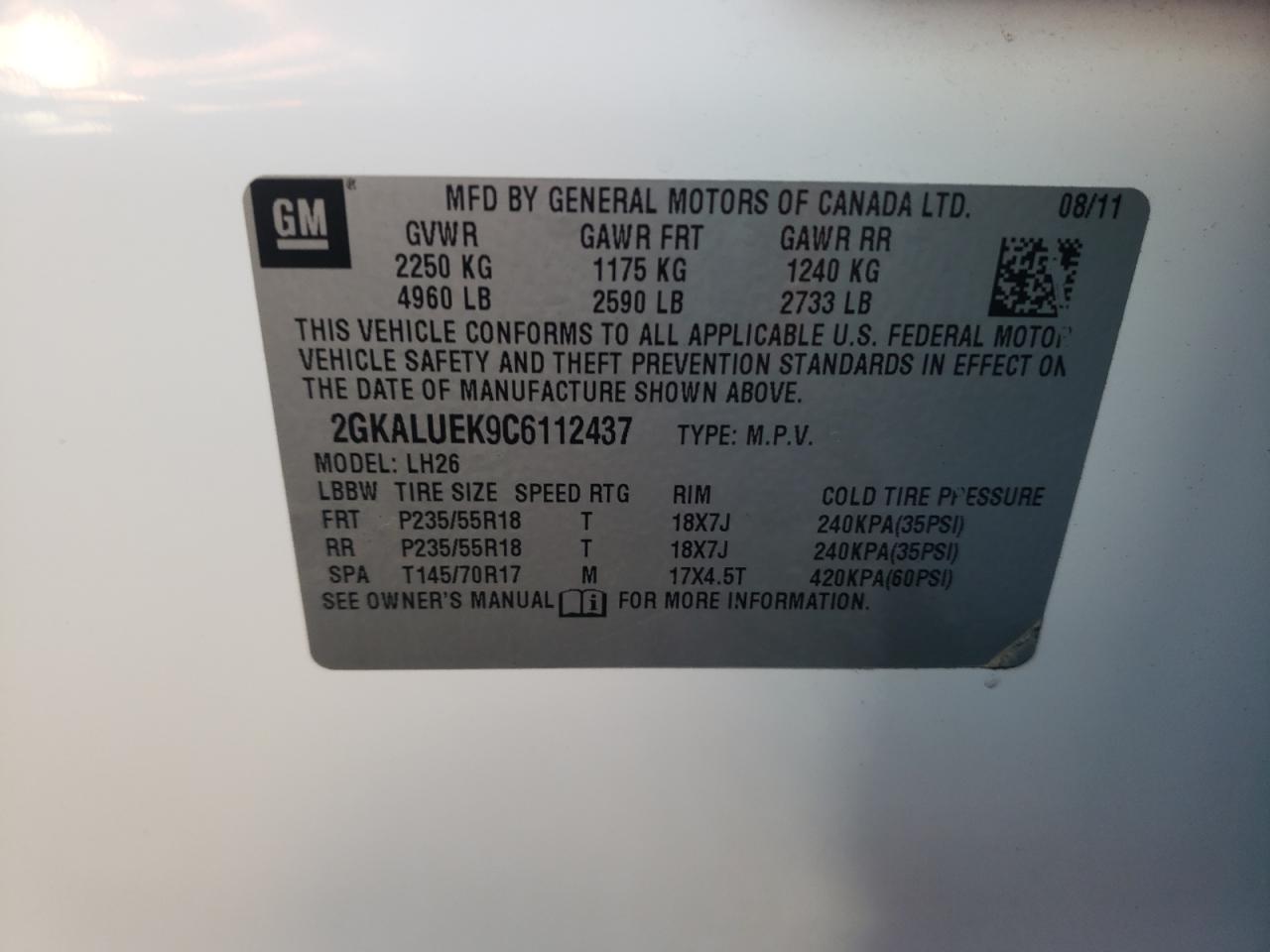 2012 GMC Terrain VIN 2GKALUEK9C6112437 Copart auction photo, front end damage thumbnail 13