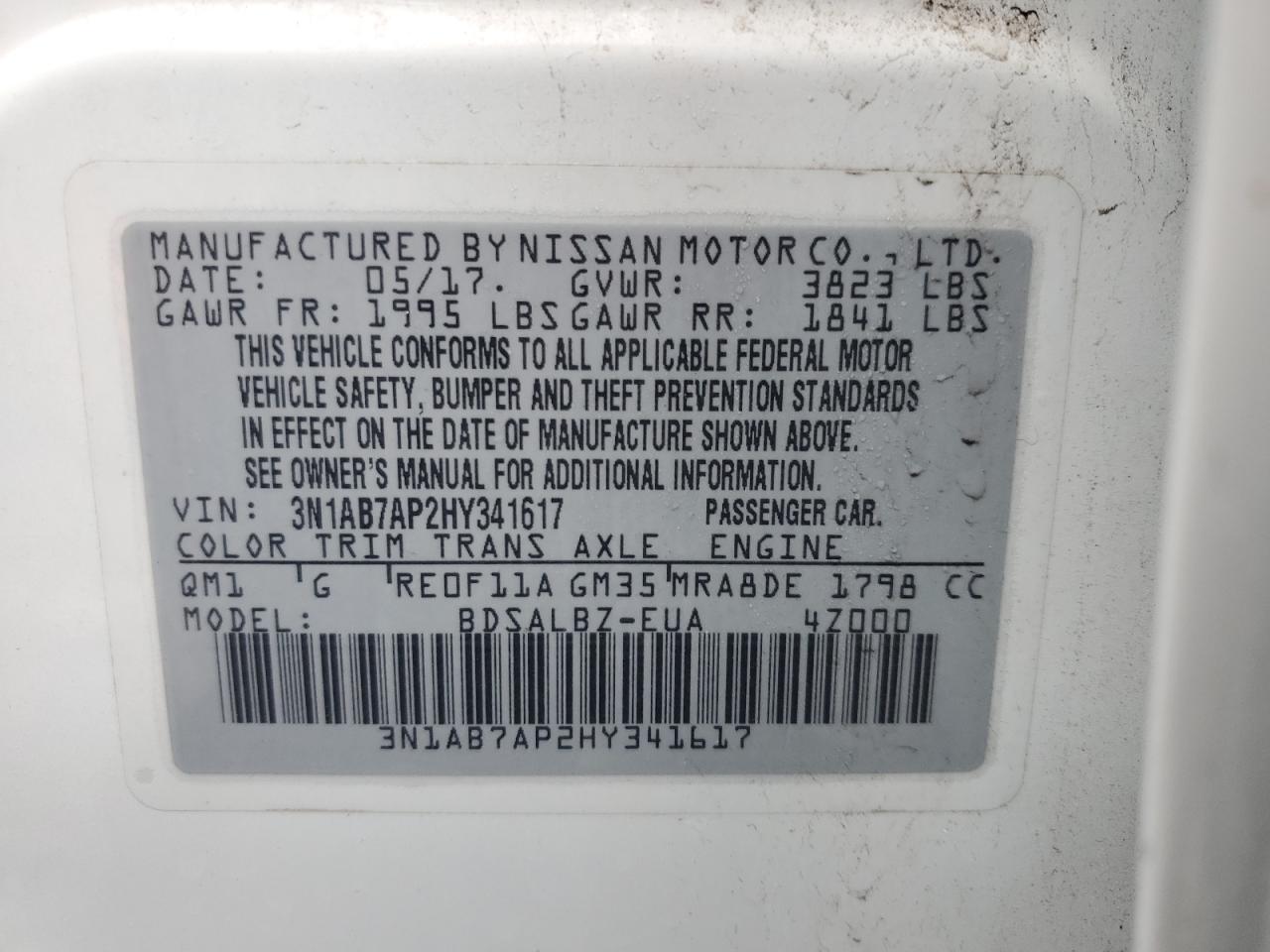 2017 Nissan Sentra VIN 3N1AB7AP2HY341617 Copart auction photo, front end / side damage thumbnail 15