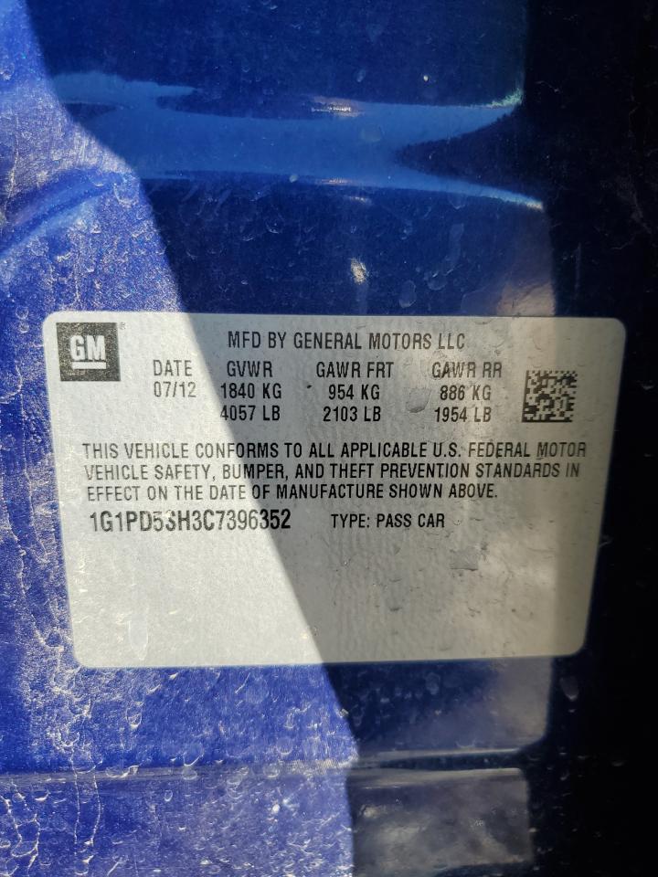 2012 Chevrolet Cruze VIN 1G1PD5SH3C7396352 Copart auction photo, front end / top/roof damage thumbnail 14