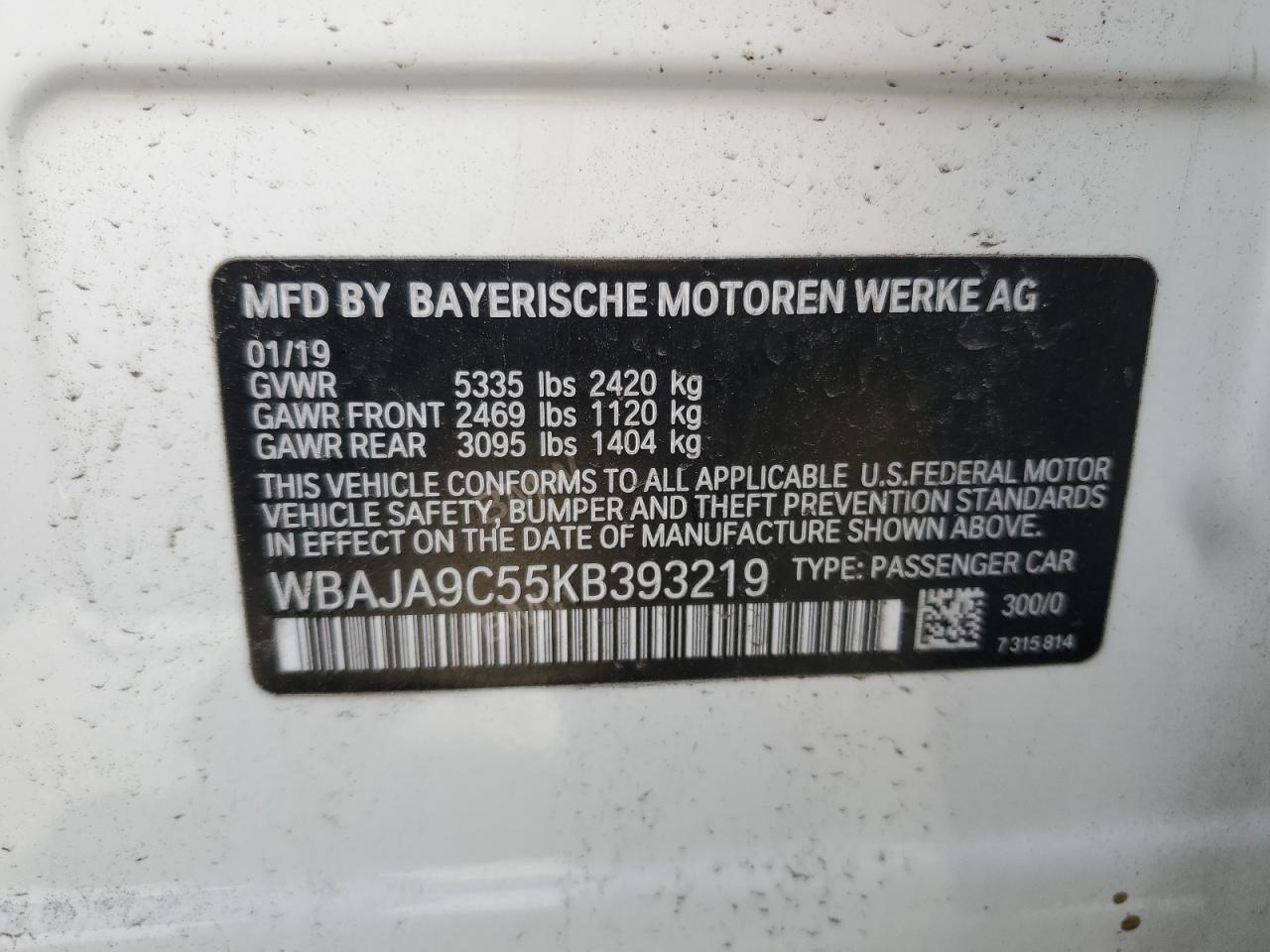 2019 BMW 5er VIN WBAJA9C55KB393219 Copart auction photo, rear end damage thumbnail 12
