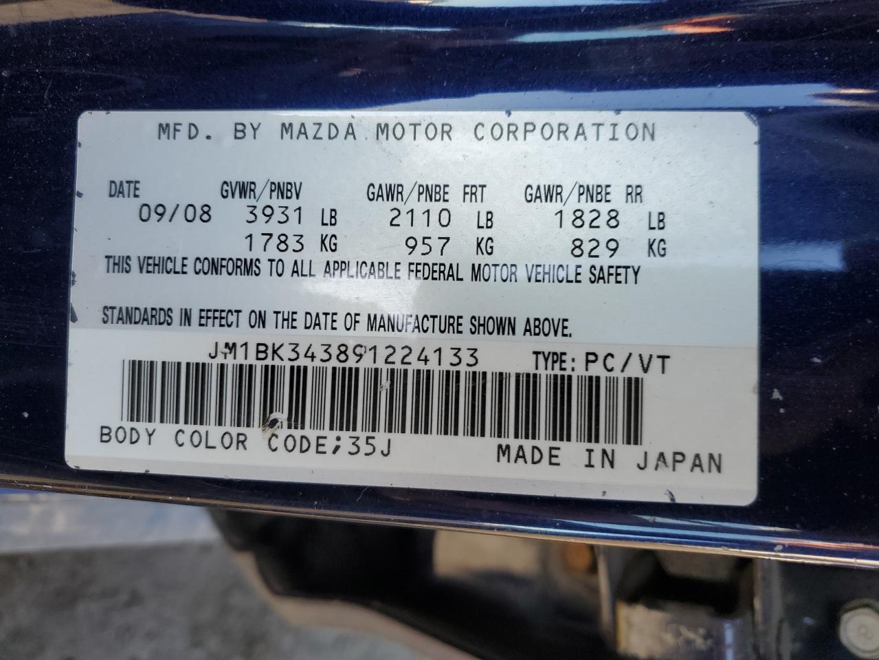 2009 Mazda 3 VIN JM1BK343891224133 Copart auction photo, rear end / hail damage thumbnail 12