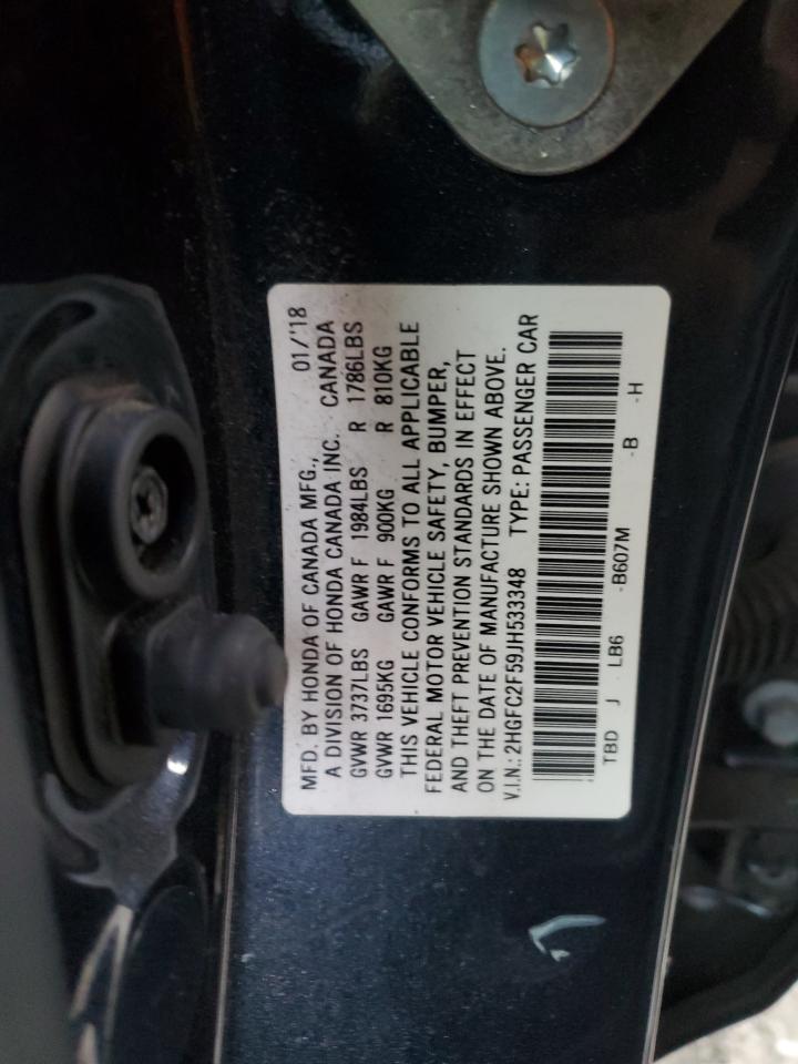 2018 Honda Civic VIN 2HGFC2F59JH533348 Copart auction photo, front end damage thumbnail 12