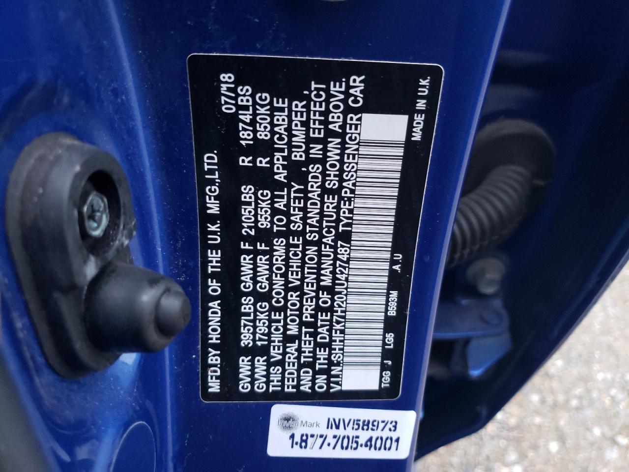 2018 Honda Civic VIN SHHFK7H20JU427487 Copart auction photo, front end / side damage thumbnail 13