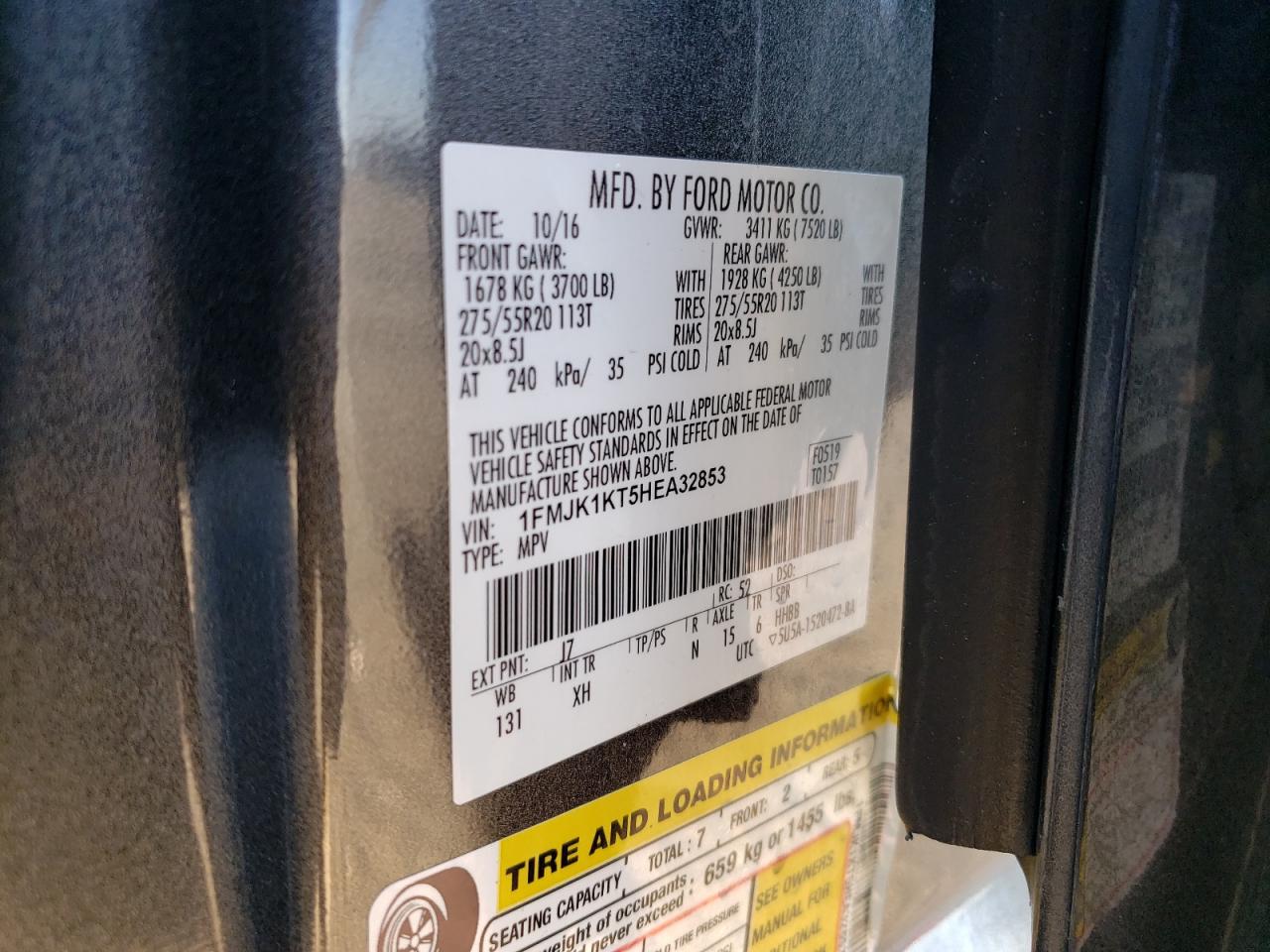 2017 Ford Expedition VIN 1FMJK1KT5HEA32853 Copart auction photo, front end damage thumbnail 13