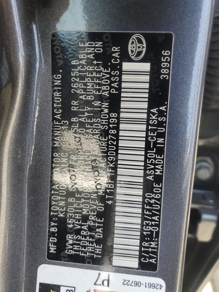2013 Toyota Camry VIN 4T1BF1FK9DU278198 Copart auction photo, front end damage thumbnail 14