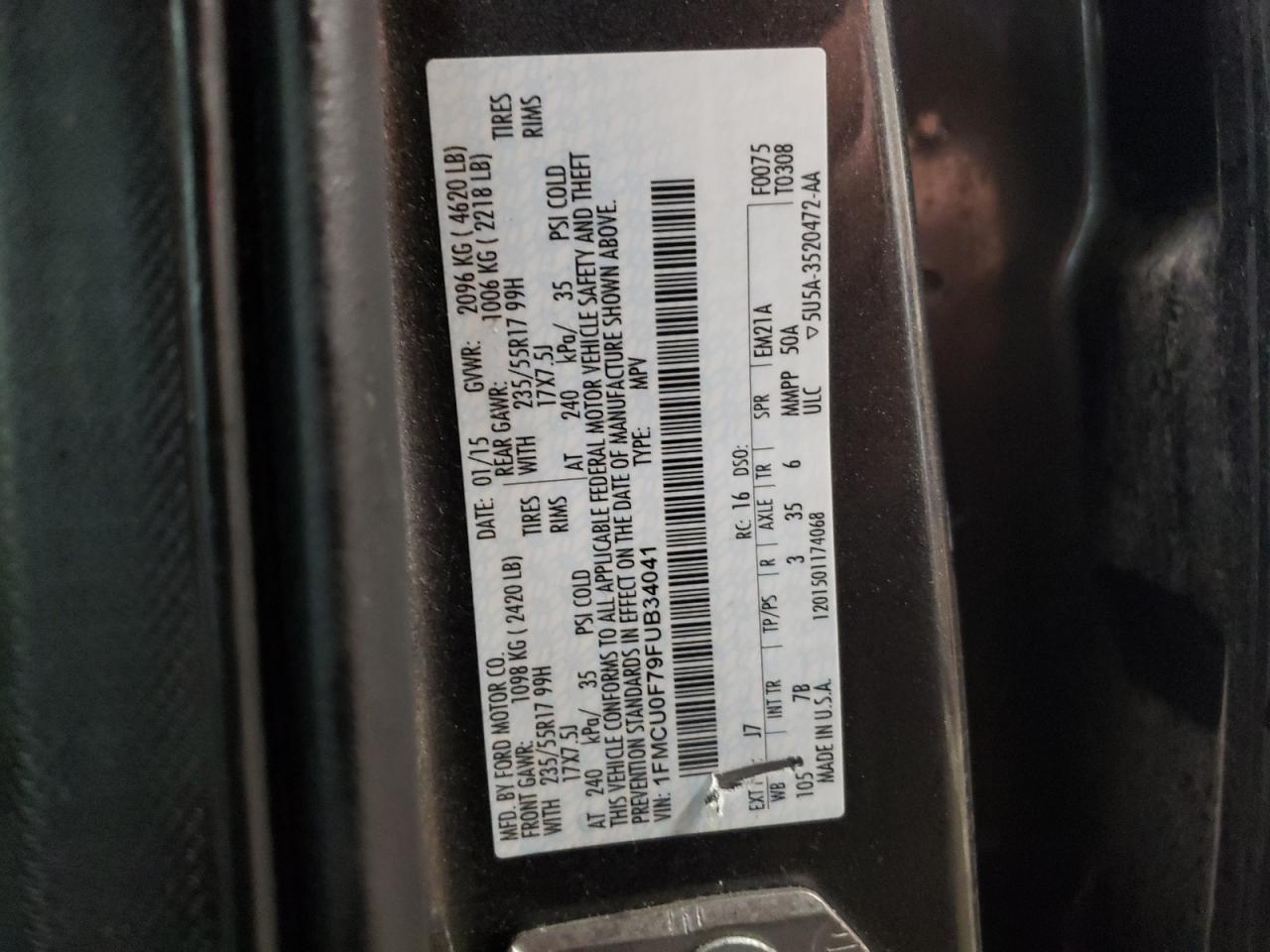 2015 Ford Escape VIN 1FMCU0F79FUB34041 Copart auction photo, front end damage thumbnail 12