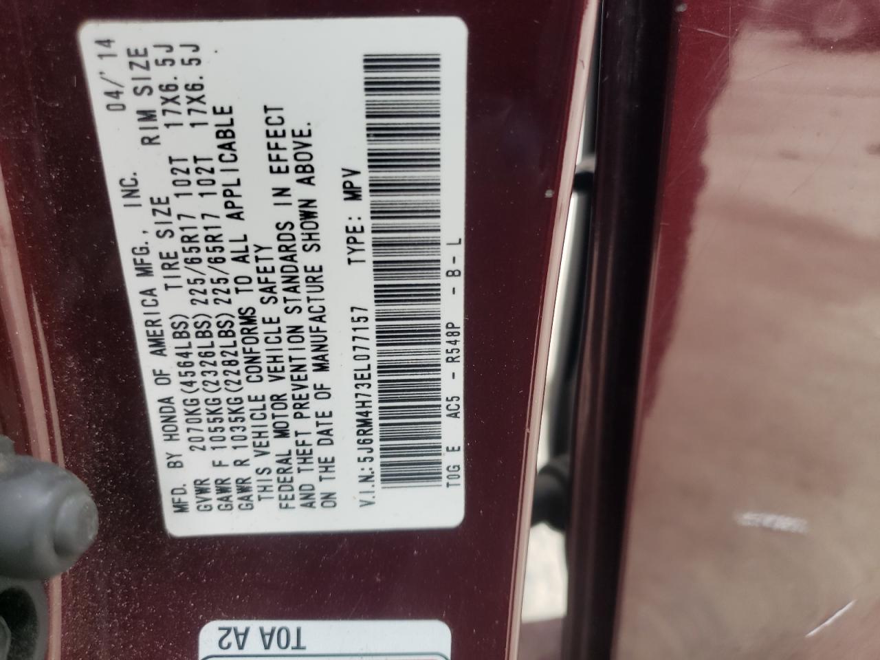 2014 Honda CR-V VIN 5J6RM4H73EL077157 Copart auction photo, front end damage thumbnail 14