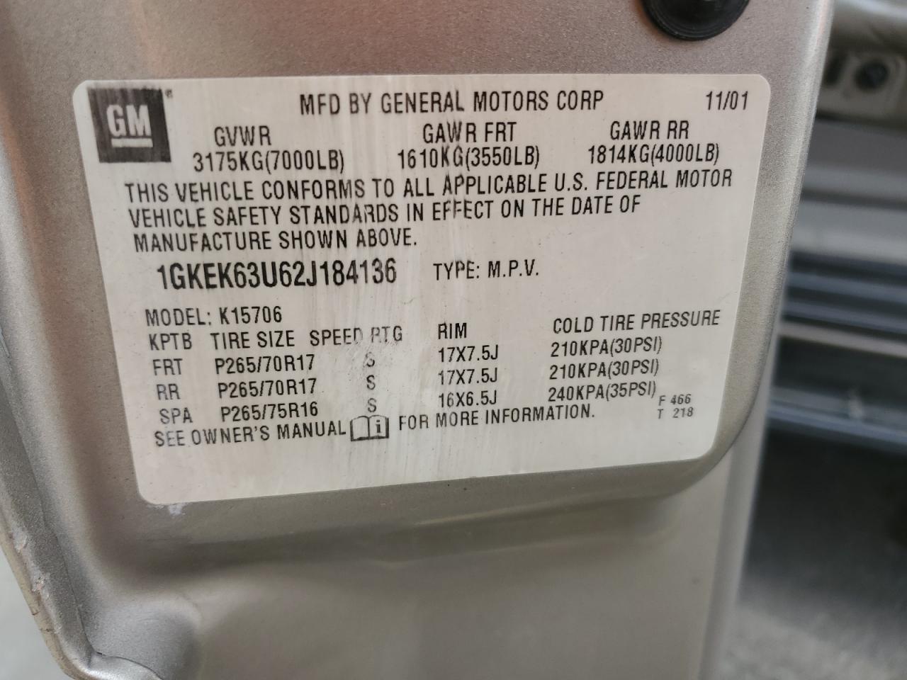 2002 GMC Yukon VIN 1GKEK63U62J184136 Copart auction photo, front end damage thumbnail 13
