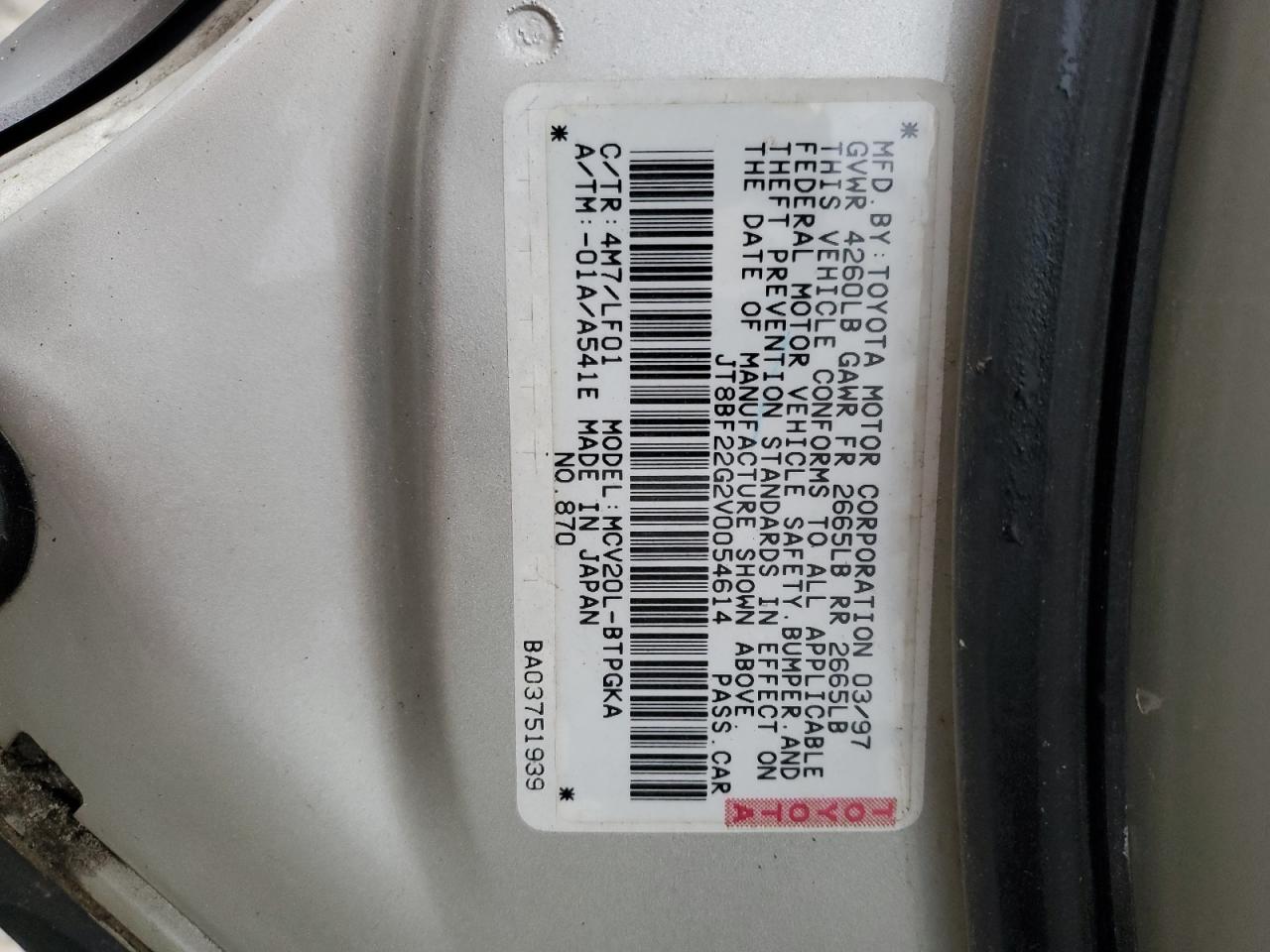 1997 Lexus ES VIN JT8BF22G2V0054614 Copart auction photo, rear end damage thumbnail 14