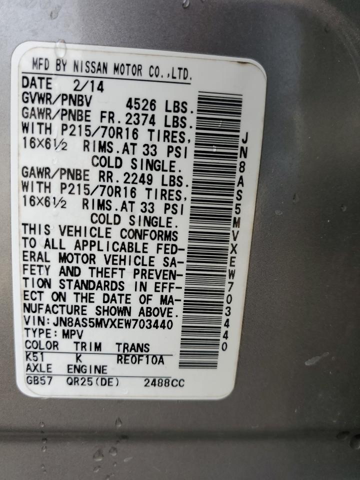 2014 Nissan Rogue VIN JN8AS5MVXEW703440 Copart auction photo, front end / side damage thumbnail 13