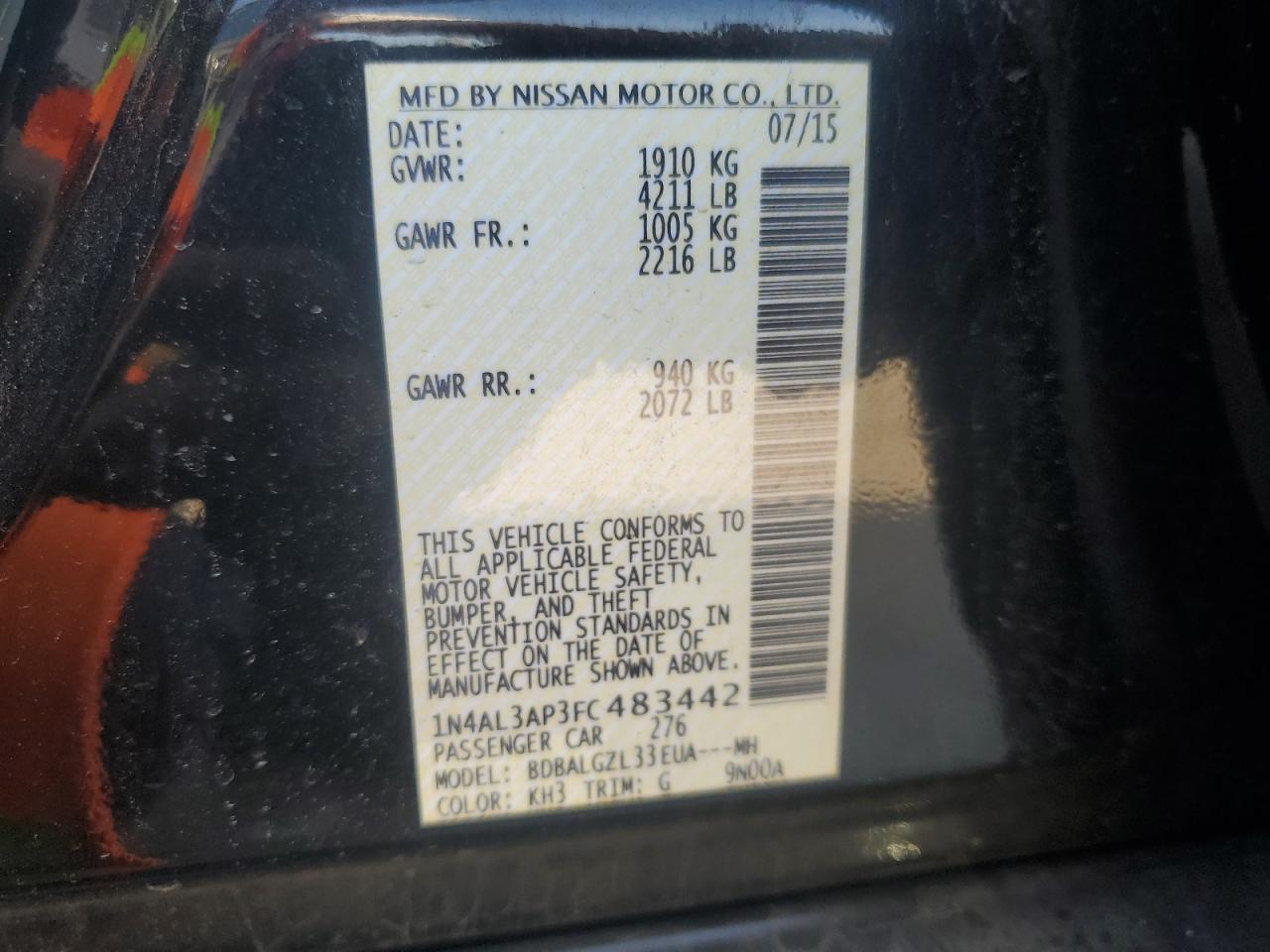 2015 Nissan Altima VIN 1N4AL3AP3FC483442 Copart auction photo, rear end / minor dent/scratches damage thumbnail 12