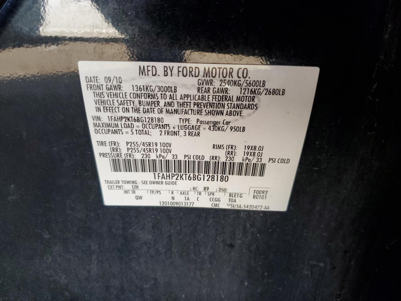 2011 Ford Taurus VIN 1FAHP2KT6BG128180 Copart auction photo, front end / hail damage thumbnail 12