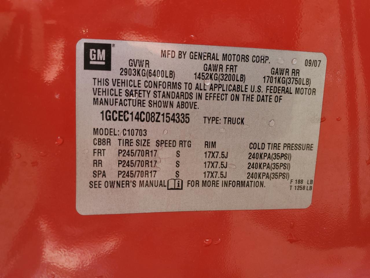 2008 Chevrolet Silverado VIN 1GCEC14C08Z154335 Copart auction photo, rear end / minor dent/scratches damage thumbnail 13