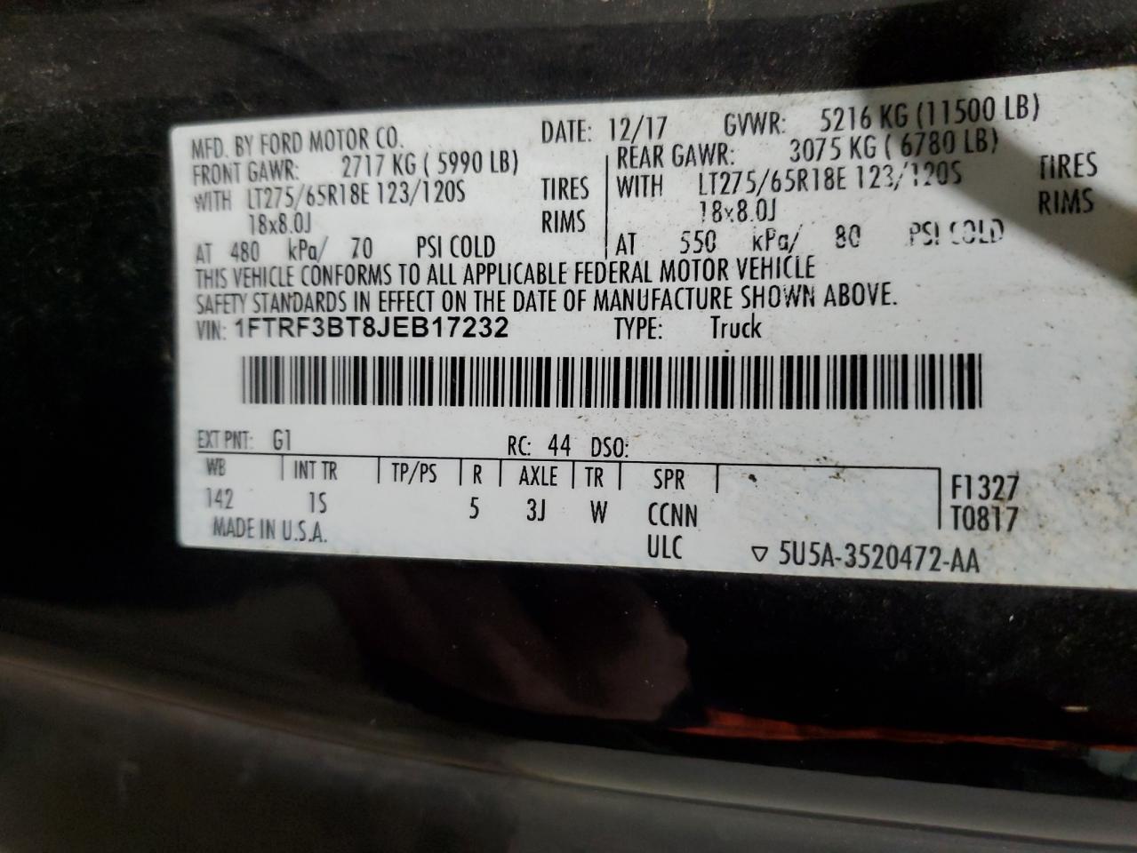 2018 Ford F350 VIN 1FTRF3BT8JEB17232 Copart auction photo, front end / side damage thumbnail 15