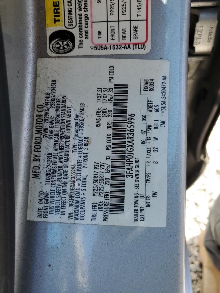 2010 Ford Fusion VIN 3FAHP0JGXAR365996 Copart auction photo, front end damage thumbnail 12
