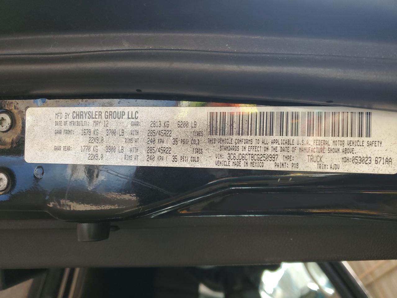 2012 Dodge RAM VIN 3C6JD6CT8CG250997 Copart auction photo, front end / rear end damage thumbnail 12