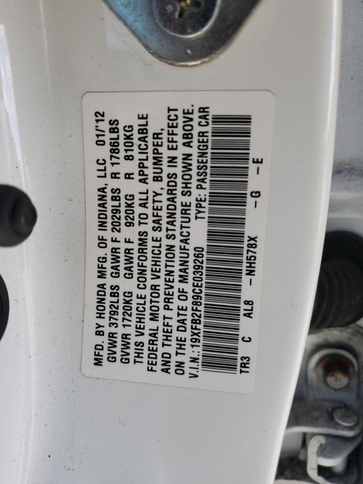 2012 Honda Civic VIN 19XFB2F89CE039260 Copart auction photo, side / front end damage thumbnail 12