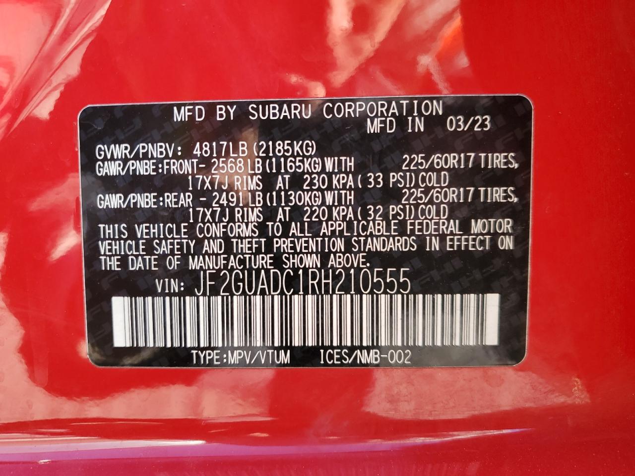 2024 Subaru XV VIN JF2GUADC1RH210555 Copart auction photo, front end / minor dent/scratches damage thumbnail 13