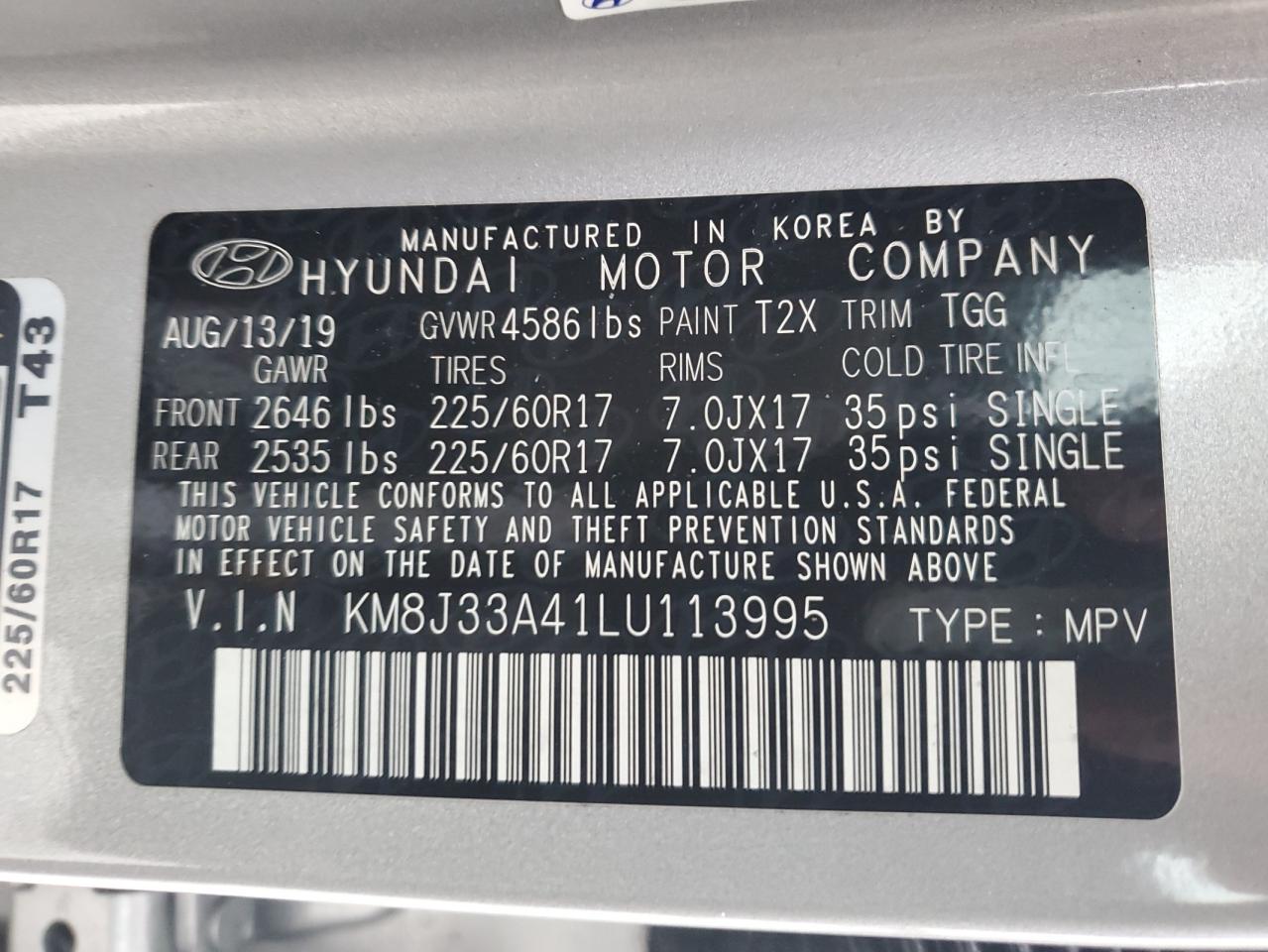 2020 Hyundai Tucson VIN KM8J33A41LU113995 Copart auction photo, front end damage thumbnail 15